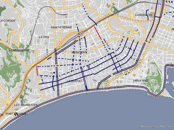 Map of bike lanes in Nice